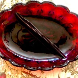 Ruby red glass divided dish faceted Vintage pressed glass!